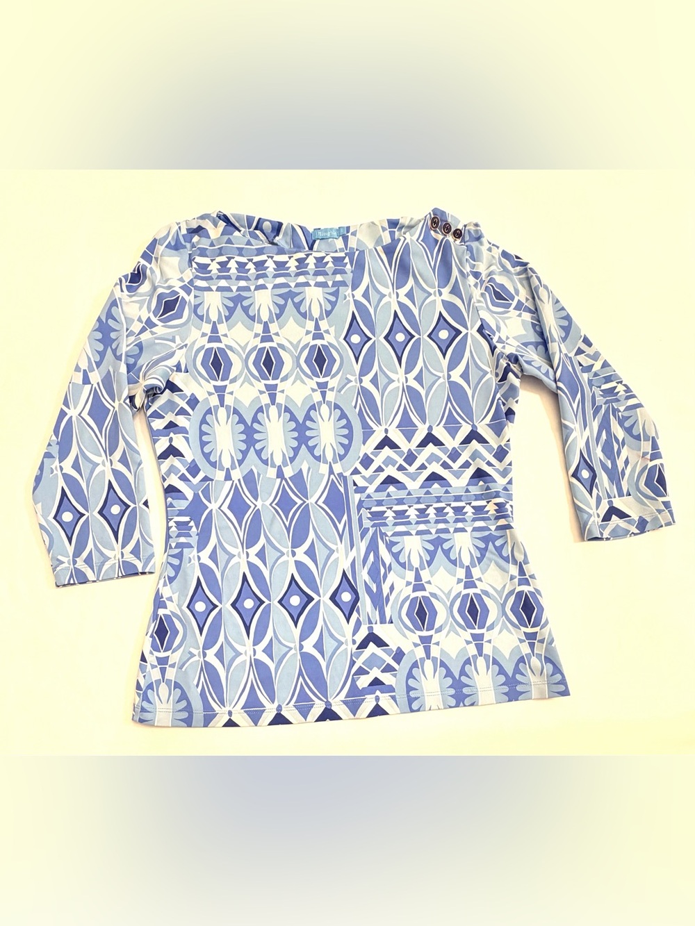 J. McLaughlin Navy, Light Blue, & White Multi-Pattern 3/4 Sleeve Top Size Small